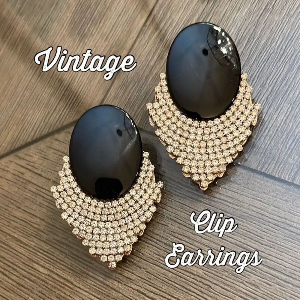 Large Elegant Black Onyx and Rhinestone Clip Earrings